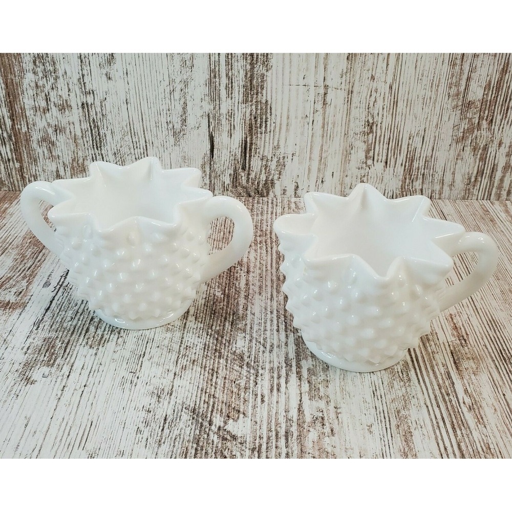 Vintage White Milk Glass Hobnail Star Shaped Creamer and Open Sugar Bowl Set